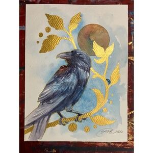Original Raven Watercolor Painting Gold accents Mixed Media crow art Artettina
